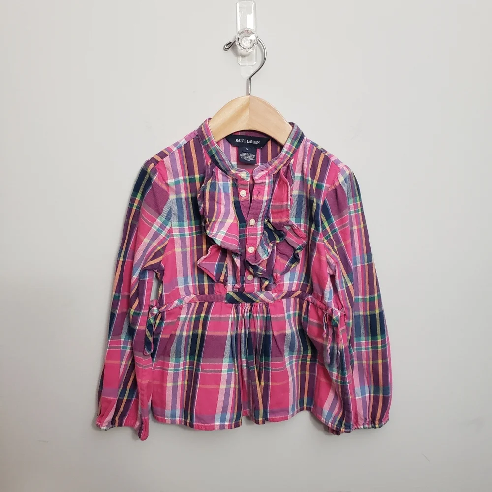 Ralph Lauren Size 5 Girls Pink Plaid Ruffle Bow Half Placket Button Top